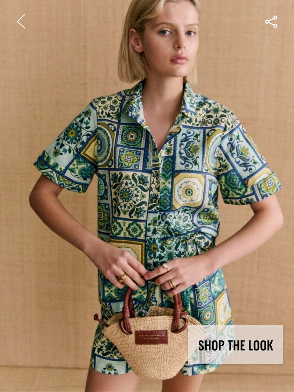 Sezane X Momoni- Livia Short-Sleeve Button-Down Shirt- Green and Blue Tile Print - Picture 2 of 6